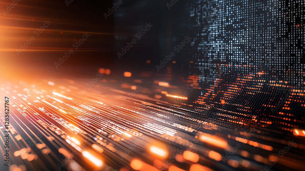 Poster digital background featuring glowing lines and binary code, representing technology and data flow. v