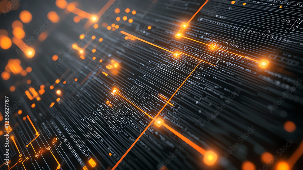 Poster digital background featuring abstract lines and glowing orange elements, representing technology and