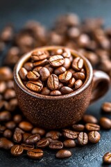 Close-up of a small cup filled with dark roasted coffee beans.