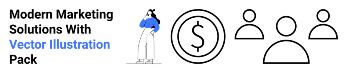 Fototapeta premium Woman pondering ideas, dollar sign symbolizing finance, three outlined heads for teamwork. Ideal for business strategy, marketing, collaboration, innovation, entrepreneurship, finance flat landing