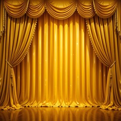 Lavish opulent yellow stage curtain cascades lavishly reflecting warm stage lights. Regal fabric glistens. Opulent velvet curtains shimmer, sparkle. Ornate standard, design. Flowing fabric creates