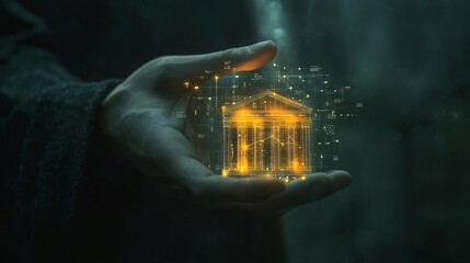 Fototapeta premium Close up of businessman hand holding glowing courthouse on dark background. Law and justice concept.