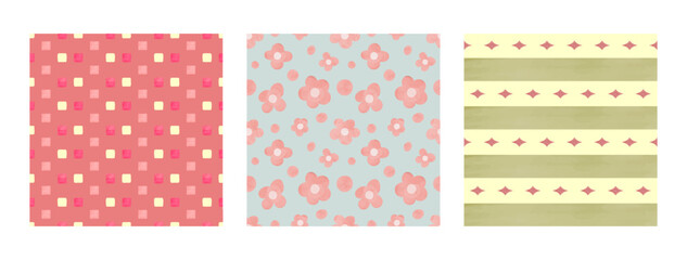 Set of seamless watercolor patterns: pink and cream squares, delicate floral motifs on a blue background, olive-yellow stripes with geometric elements. Perfect for textiles, packaging, scrapbooking.