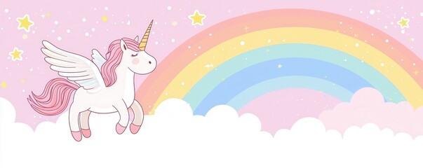 Adorable Pink Unicorn with Wings Soaring Above Pastel Rainbow and Clouds