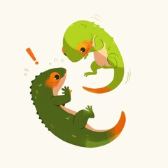 Obraz premium Two Adorable Green Lizards Playing Cartoon Illustration Reptile Friends