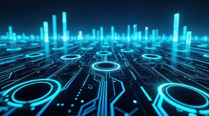 Futuristic Digital Landscape with Glowing Circuits and Neon Lights in Abstract Blueprint