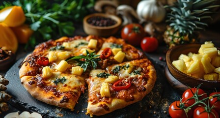 Hawaiian Pineapple Pizza. Pizza Hawaiian, Classic Pizza with Tomato Sauce, Mozzarella Cheese, Pineapple, and Ham, Sweet and Savory Pizza Isolated on Background with Copy Space.