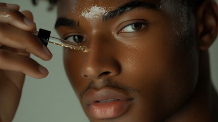 A male model with smooth, hydrated skin applying a facial serum