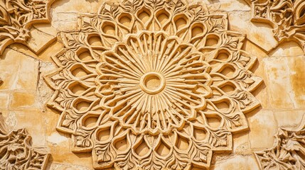 Obraz premium Intricate Carved Stone Relief with Floral Patterns on Wall
