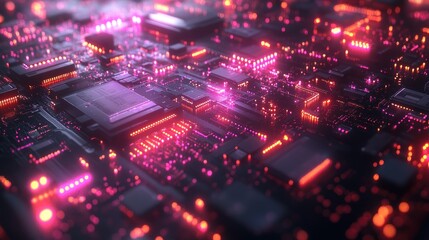 Obraz premium Illuminated circuit board showcasing advanced technology with pink lights