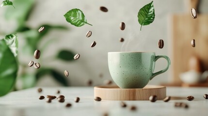 A steaming cup of coffee with coffee beans and leaves floating around it. Green and brown tones.