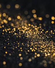 Shimmering Light: An abstract composition of sparkling gold bokeh and dark textured background creating a captivating visual effect.