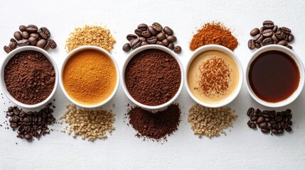 Coffee varieties displayed in small bowls on white surface with coffee beans, grounds, and spices