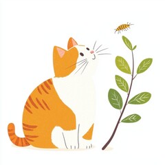 Obraz premium Adorable Orange Tabby Cat Watching Insect on Branch Cute Pet Illustration Whimsical Nature Scene