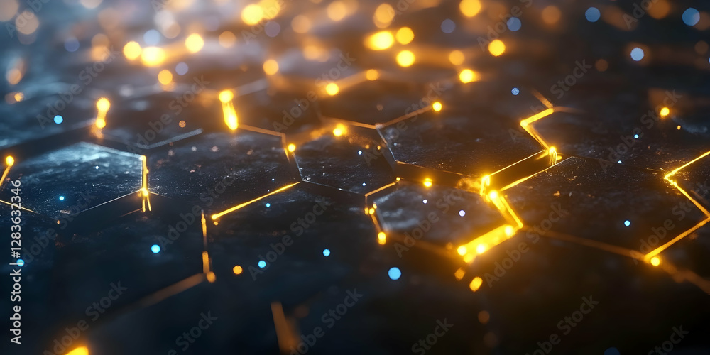 Wall mural abstract background with glowing hexagons, in a black and blue color scheme