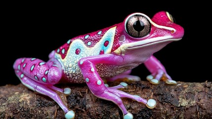 Naklejka premium Vibrant pink tree frog with blue and white spots sits on a mossy branch against a black background.