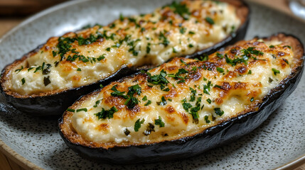 Delicious stuffed eggplants topped with melted cheese and garnished with fresh parsley, served on a rustic plate