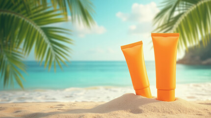 Obraz premium Blank orange tubes mockup on tropical beach sand in sunlight against turquoise sea and palm leaves