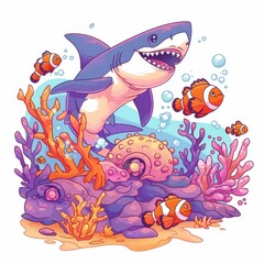 Fototapeta premium Great White Shark Cartoon Illustration with Clownfish and Coral Reef