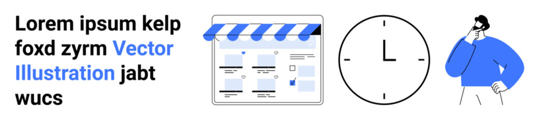 Website interface with calendar and events, clock indicating time management, and person contemplating strategy. Ideal for digital marketing, time management, business strategy, online planning