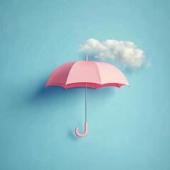 Vibrant Pink Umbrella with Fluffy Cloud on Blue Sky Background