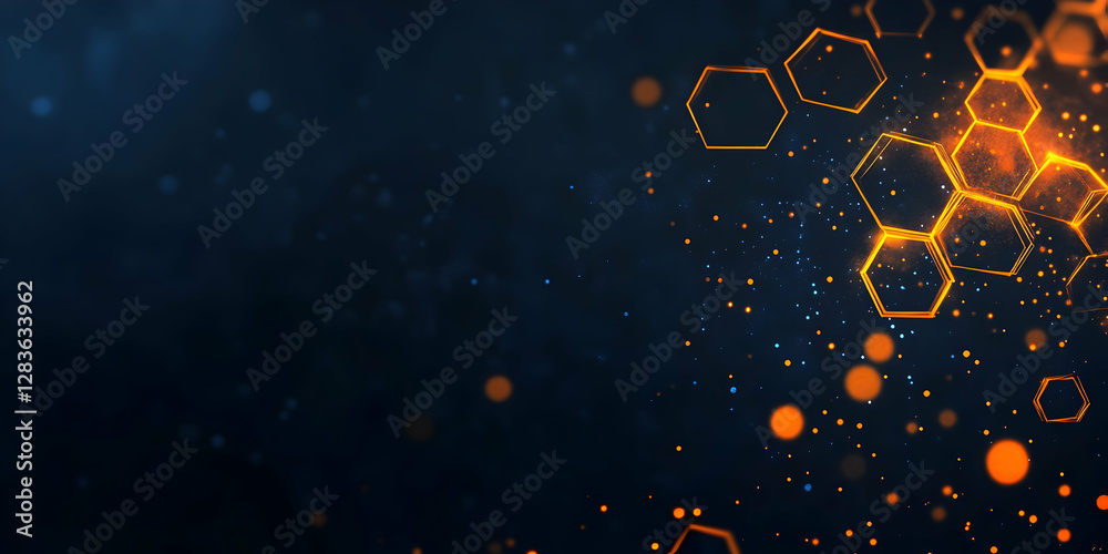 Wall mural abstract background with glowing hexagons, in a black and blue color scheme