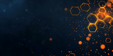 Abstract background with glowing hexagons, in a black and blue color scheme