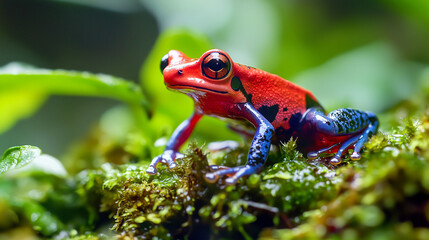 Obraz premium Strawberry poison dart frog on mossy tree trunks