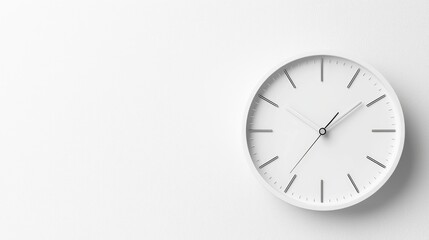 Minimalist white clock on wall, time management concept