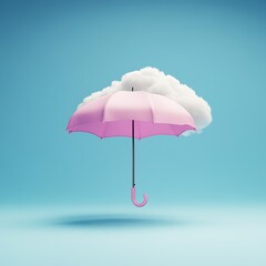 Vibrant Pink Umbrella with Fluffy Cloud on Blue Sky Background