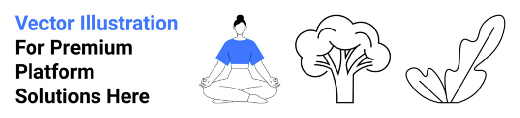 Woman sitting cross-legged meditating in blue attire alongside minimalist tree and leaf sketches. Ideal for mindfulness, wellness apps, nature care, eco-friendly designs, yoga, self-care, flat