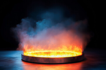 black podium with flame hot stage platform for product display