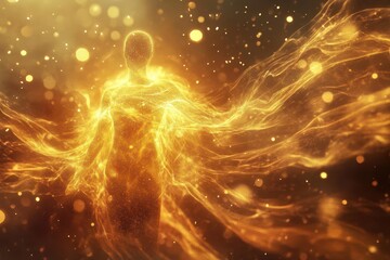 glowing ethereal figure emerging from swirling golden light radiating hope and wisdom with floating luminous particles and soft lens flares