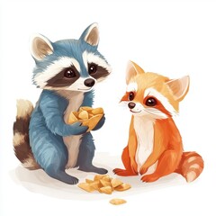 Obraz premium Adorable Raccoon and Red Panda Sharing Snacks Watercolor Style Illustration