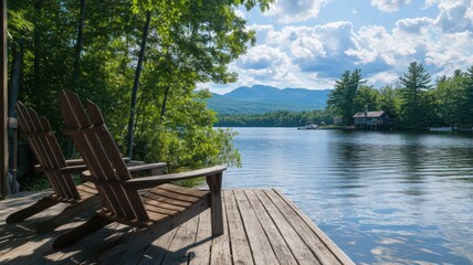 Peaceful Lake View with Adirondack Chairs on a Sunny Day