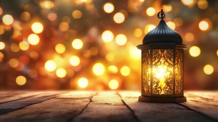 Warm Lantern Glow on Rustic Wood Surface with Bokeh Background