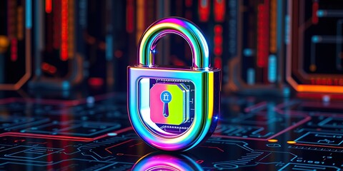 An image representing internet security. A three-dimensional, transparent padlock icon with an iridescent, glossy finish in rainbow colors. A dark, black background.