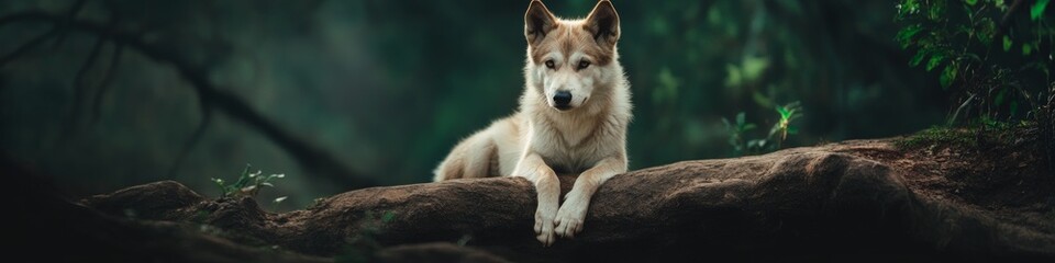 Obraz premium Serene wolf rests on a forest log. Majestic creature in its natural habitat. World Animal Day.