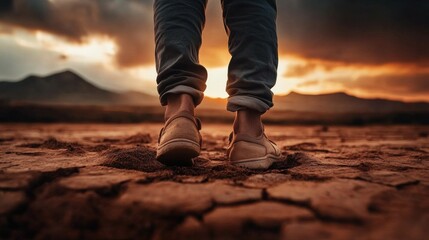 Person stands on cracked earth at sunset. Warm light, dramatic sky.
