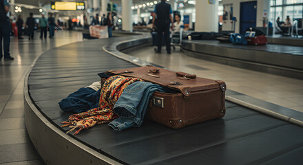Obraz premium Suitcase with clothes spilling out lies unattended on an airport baggage carousel, suggesting travel mishaps or lost luggage.