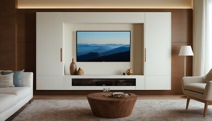 TV on the cabinet in modern living room on white wall background.three-dimensional, apartment, comfortable, contemporary, elegant, floor, furniture, indoor, living, living room, room, 9456