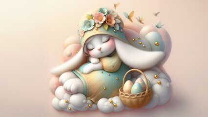 3D cute cartoon rabbit with beautiful clothes and flower crown sleeping on white fluffy cloud with colorful eggs. happy easter holiday celebration idea.