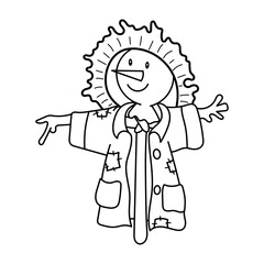 Cute Cartoon Scarecrow Outline Vector Illustration. A charming black and white vector illustration of a cartoon scarecrow with a cheerful expression.
