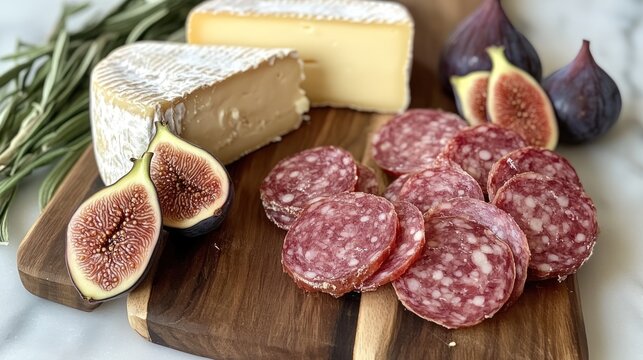 Enjoying lukanka sausage, cheese, and figs on a charcuterie board .