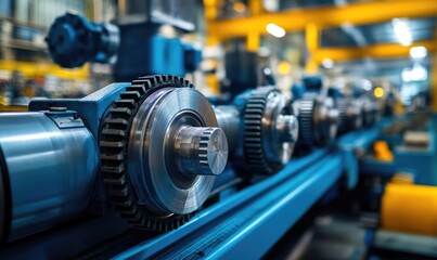 Fototapeta premium Factory gears, industrial machinery, metal production, background blur, manufacturing process