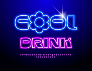 Vector Advertising poster Cool Drink. Stylish Pink Neon Font. Glowing Alphabet Letters and Numbers set.