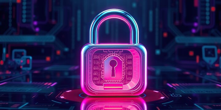An image representing internet security. A three-dimensional, transparent padlock icon with an iridescent, glossy finish in rainbow colors. A dark, black background.