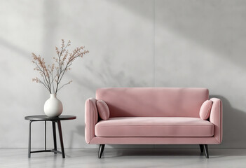 Interior features pink sofa black table and neutral backdrop