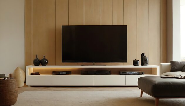 TV on the cabinet in modern living room on white wall background.three-dimensional, apartment, comfortable, contemporary, elegant, floor, furniture, indoor, living, living room, room, 786