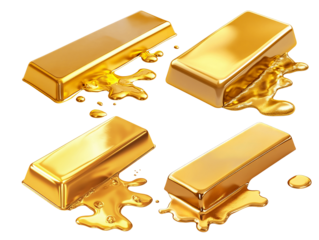 Set of melting gold bars with dripping liquid, isolated on transparent cutout background